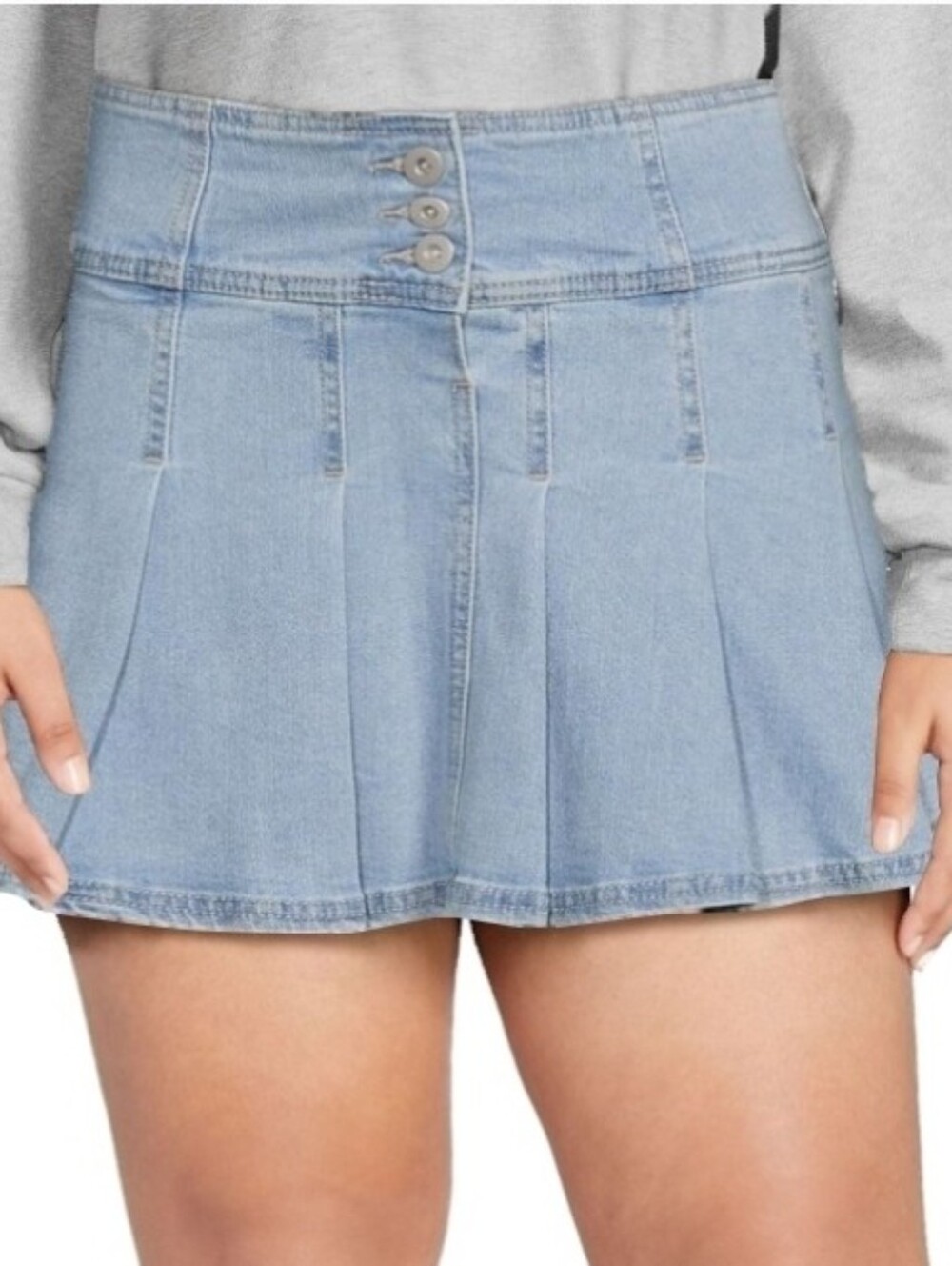 Plus Size XXL 19 Jean Pleated Denim Skirt Light Wash Preppy Stretch Button Closu